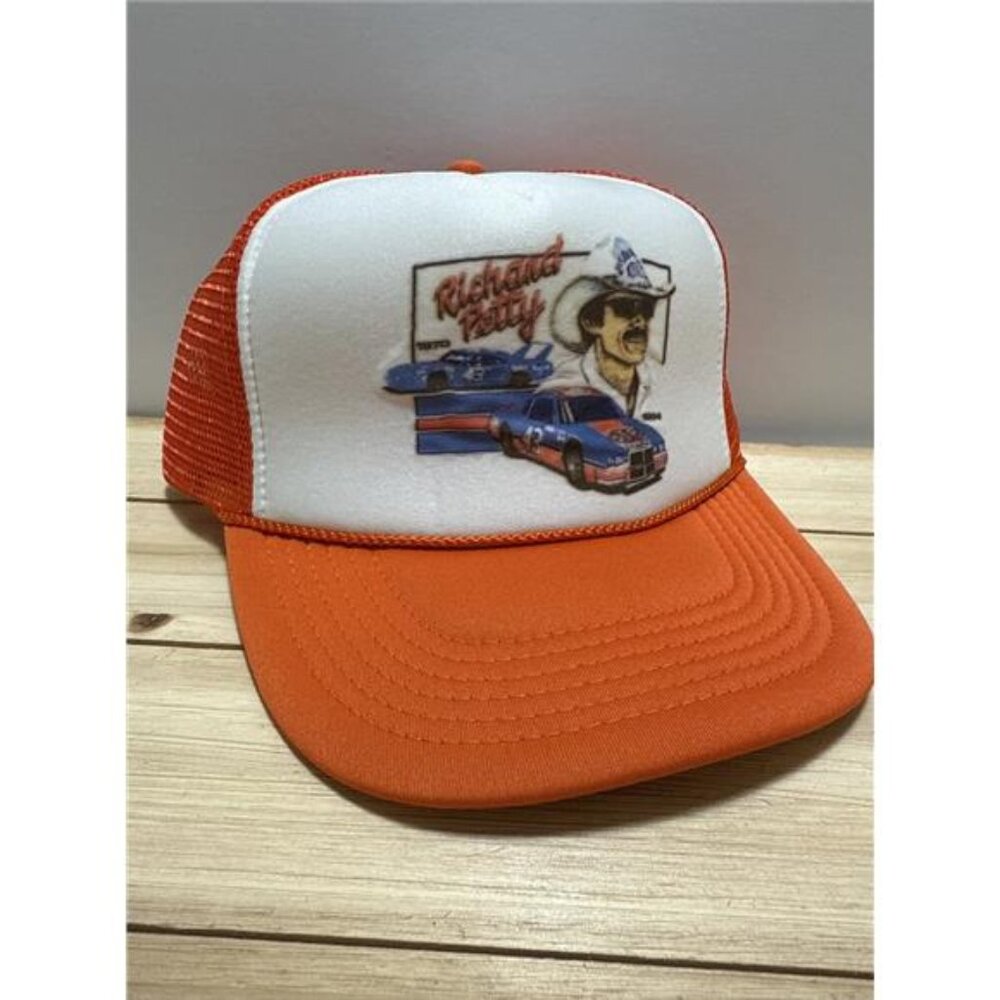 Richard Petty STP Trucker Hat #43 NASCAR Racing Snapback Cap Orange Vintage Styl - Picture 2 of 3